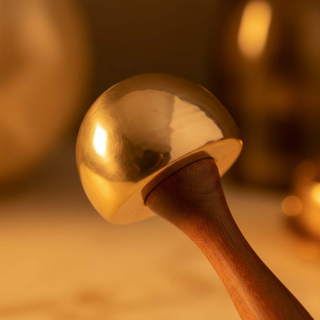 Close-up of Kansa bronze dome and wooden handle craftsmanship