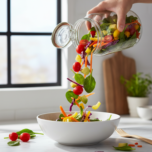 Instant salad jar being poured into a white bowl with fresh vegetables