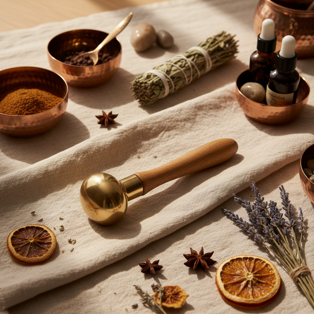 Ayurvedic Kansa Wand Massager on linen with herbs and copper bowls