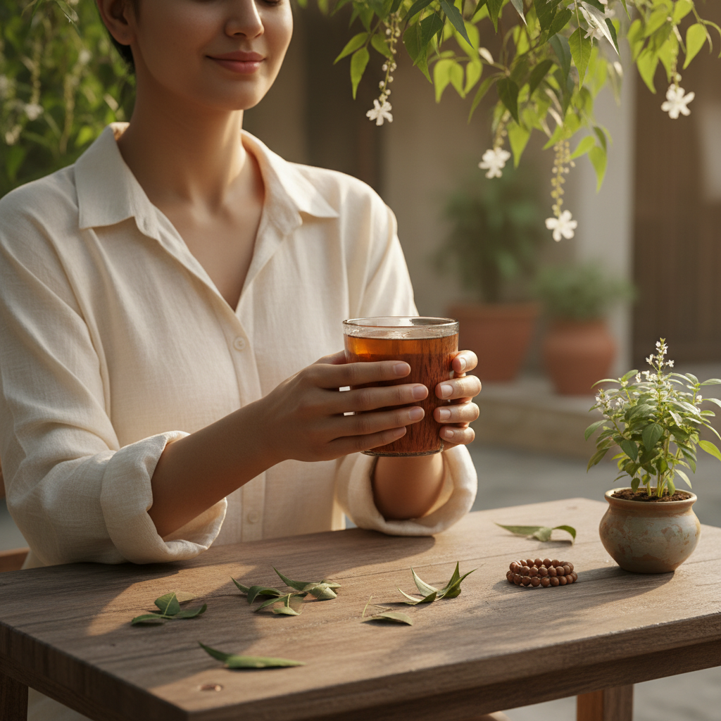 Person holding Vijaysar wood glass in a peaceful morning setting