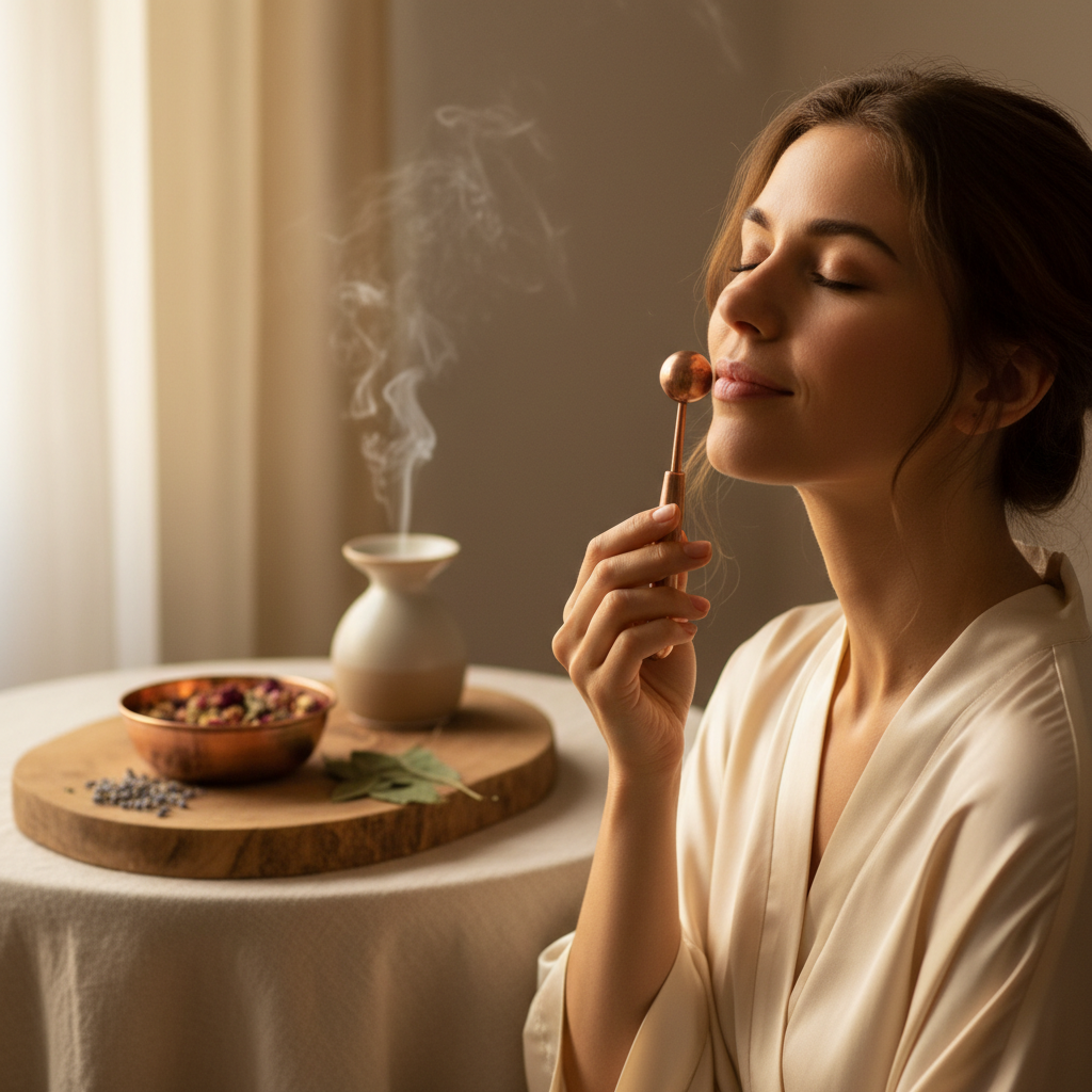 Woman using Kansa wand massager on face and neck in relaxing Ayurvedic setting