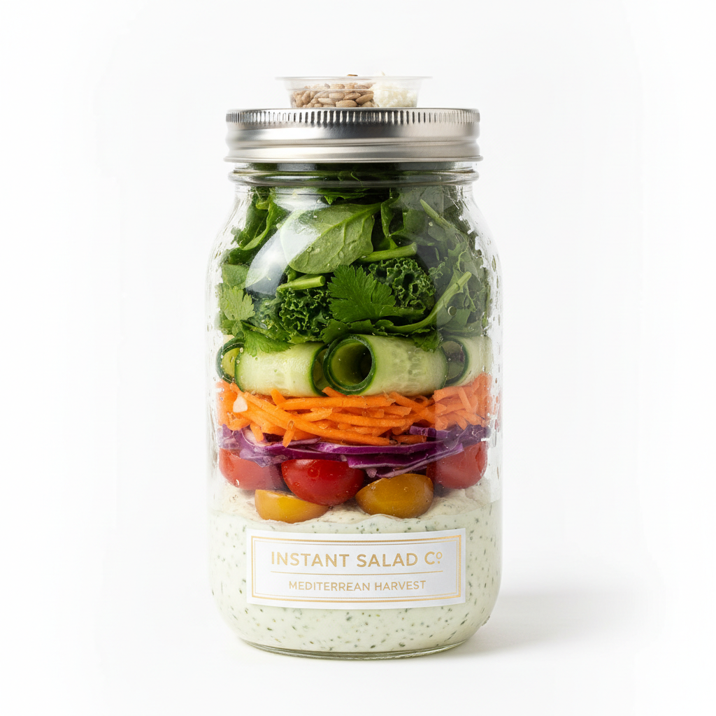Instant salad jar with fresh layered vegetables and dressing