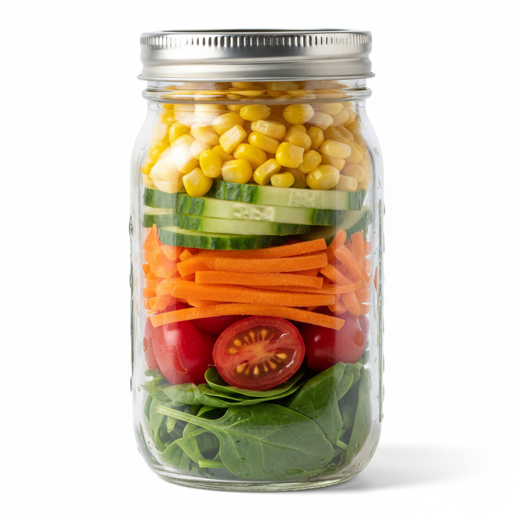 Close-up of fresh vegetable layers inside the instant salad jar