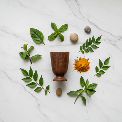 Vijaysar wood glass with herbs and turmeric on marble surface