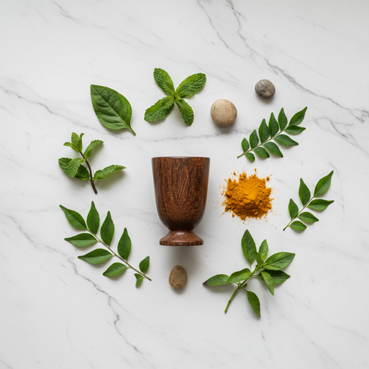 Vijaysar wood glass with herbs and turmeric on marble surface