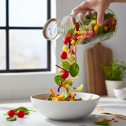 Instant salad jar being poured into a white bowl with fresh vegetables