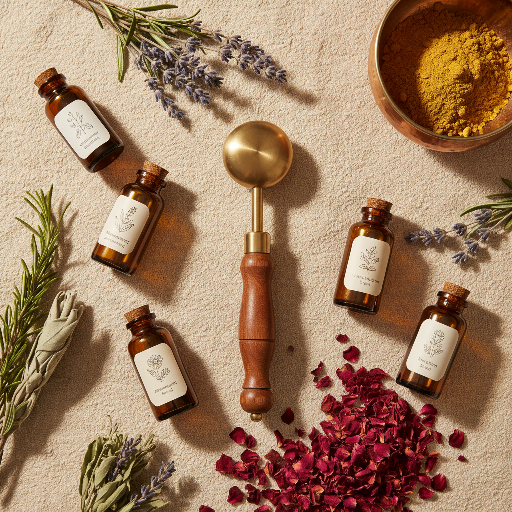 Flat lay of Kansa wand massager with Ayurvedic oils, herbs and copper bowl