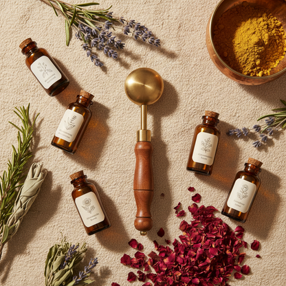 Flat lay of Kansa wand massager with Ayurvedic oils, herbs and copper bowl