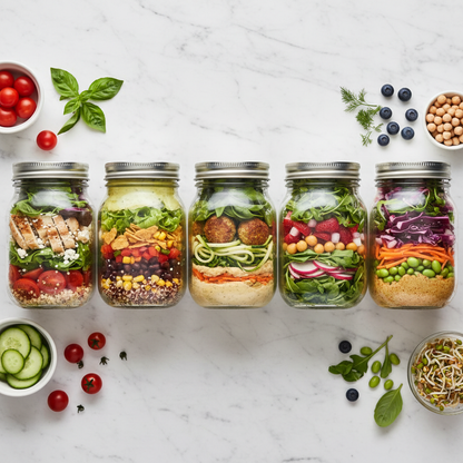 Multiple instant salad jars lined up showing colorful vegetable layers