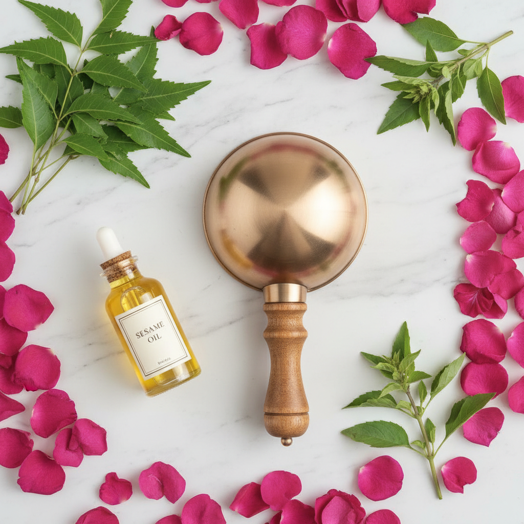 Kansa scalp massager flat lay with sesame oil and herbs on marble