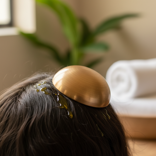 Ayurvedic Kansa massager being used on scalp with warm oil