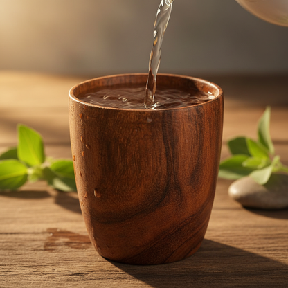 Vijaysar wood glass with water being poured, showing natural wood grain texture
